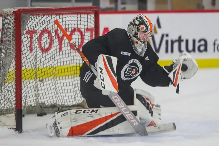 Flyers prospect Carter Hart, shown in a file photo, recorded his first pro shutout Friday as he led the Phantoms past Hershey, 1-0. (Michael Bryant / Staff Photographer)