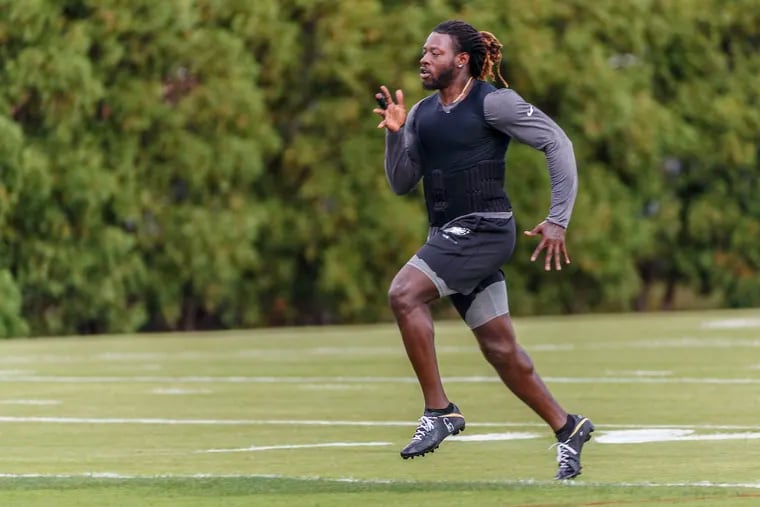 Eagle running back Jay Ajayi did not work out in pads during Eagles practice on Wednesday, September 26, 2018. He ran sprints on another field while his teammates went through their drills. MICHAEL BRYANT / Staff Photographer