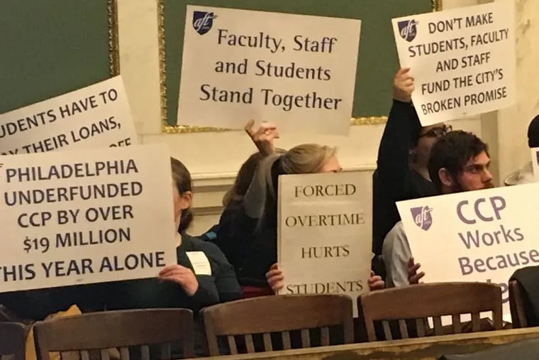 Community College of Philadelphia faculty and staff advocate for more city funding at a hearing in City Council chambers Tuesday.