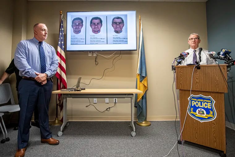 Detective, Ron Kahlan, left, and Capt. Mark Burgmann an update on four connected rapes in Fairmount Park committed by the FP Rapist, during a press conference on  Thursday, August 26, 2021., at the Philly PD Special Victims Unit in Philadelphia, Pa.