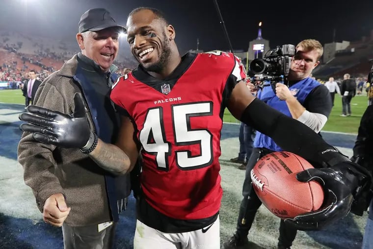 Atlanta Falcons linebacker Deion Jones celebrates a 26-13 victory against the Los Angeles Rams in an NFL Wild Card Game on Saturday, Jan. 6, 2018, at the Los Angeles Memorial Coliseum.
