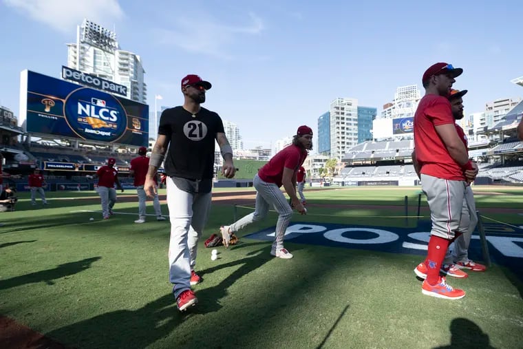 The Phillies working out at Petco Park on Monday before Game 1 of the NLCS on Tuesday.