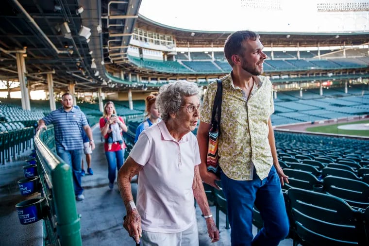 Joy Ryan, 89, and her grandson Brad Ryan, 38, tour Wrigley Field Wednesday Sept. 25, 2019 in Chicago. (Armando L. Sanchez/Chicago Tribune/TNS)