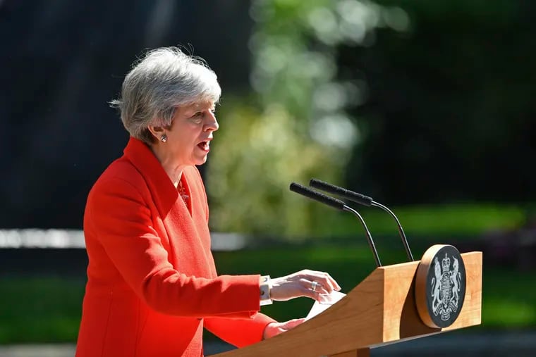 Britain's Prime Minister Theresa May announces she is stepping down as UK Conservative leader on June 7.