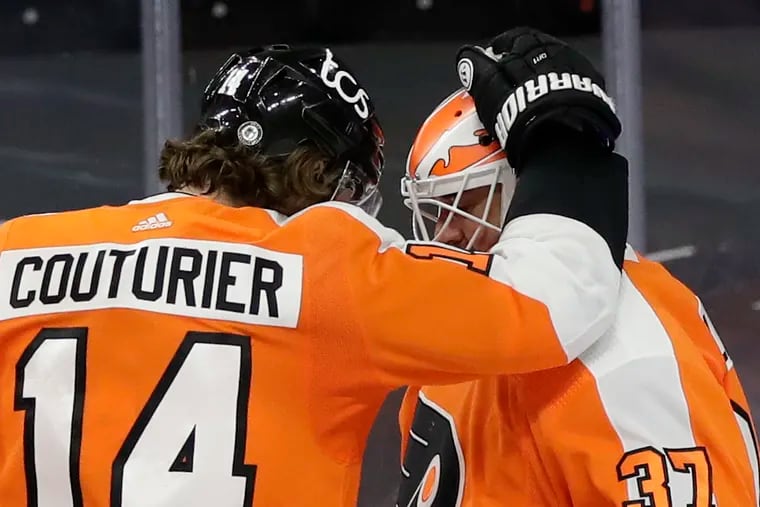 Flyers goaltender Brian Elliott, getting congratulations from Sean Couturier after a season-ending 4-2 win over New Jersey last month, is not expected to return to the Orange and Black.
