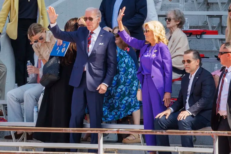 President Joe Biden and first lady Jill greet the crowd gathered at Franklin Field for University of Pennsylvania graduation in May. The couple will return to the Philly area on Jan. 6.
