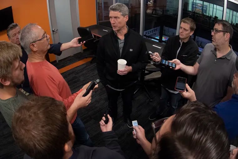 Flyers general manager Chuck Fletcher talking with the media in September 2019.