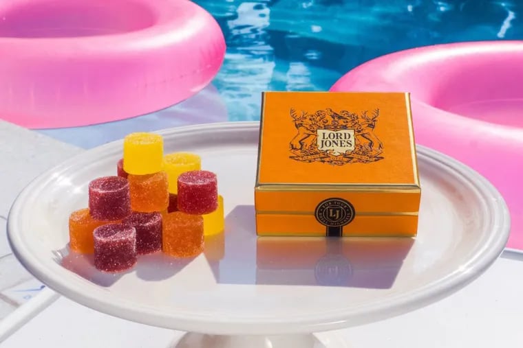 A box of Lord Jones gumdrops poolside at the Standard Hollywood in West Hollywood, where both companies hope to open a hotel-based dispensary in early 2018.