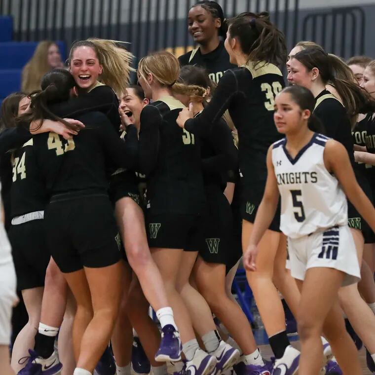 Archbishop Wood celebrates their PIAA 5A semifinal win over West Chester Rustin at the buzzer.