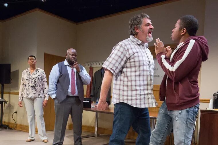 (Left to right:) Kala Moses Baxter, Kash Goins, Peter Bisgaier, and Travoye Joyner in "74 Seconds... To Judgment," through March 3 at the Arden Theatre Company.