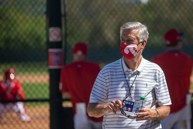 Phillies president Dave Dombrowski looking on during spring training in Clearwater, Fla.