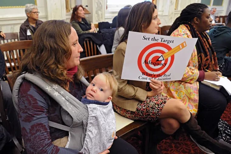 Parents and other concerned citizens were not allowed to testify before the Pennsylvania Basic Education Commission hearing at City Hall on Nov. 18, 2014, so Public Citizens for Children and Youth set its own forum an hour before in City Council Chambers. Waiting to testify are (from left) Tammy Murphy with her 6-month-old son, Sebatian Johnson, of East Falls; Anne Gemmell, of White Marsh; and Tamara Anderson, of Philadelphia.