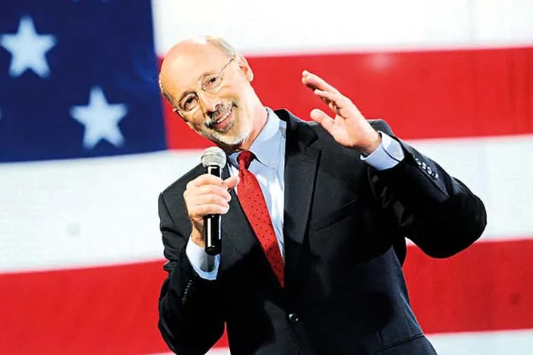 Tom Wolf talks to his supporters during a rally at Santander Stadium on Tuesday, May 20, 2014 after winning the Democratic nomination for Pa. Governor. (AP Photo/York Daily Record, Jason Plotkin)
