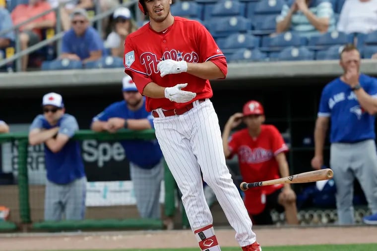 Phillies rookie center fielder Adam Haseley, pictured here during spring training, was placed on the 10-day injured list on Saturday with a left groin strain.