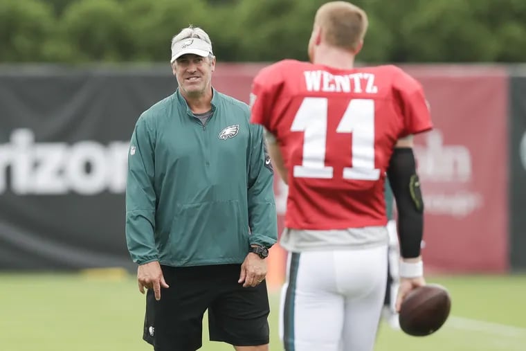 Eagles Head Coach Doug Pederson looks over at quarterback Carson Wentz during Eagles training camp at the NovaCare Complex in South Philadelphia on Saturday, July 28, 2018. YONG KIM / Staff Photographer