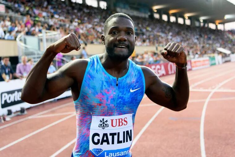 Justin Gatlin, here celebrating after winning a race in Switzerland, is back in the “USA vs. the World pool” for the Penn Relays.