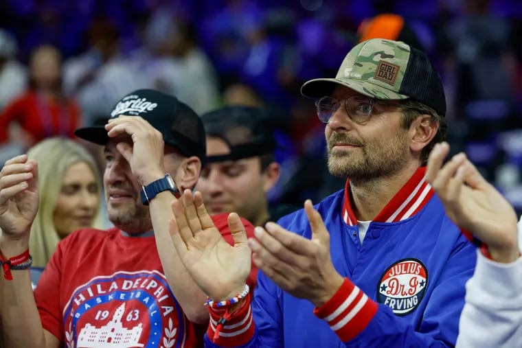 Actor Bradley Cooper sits courtside for Game 6 of the Sixers' first-round series against the Nets.