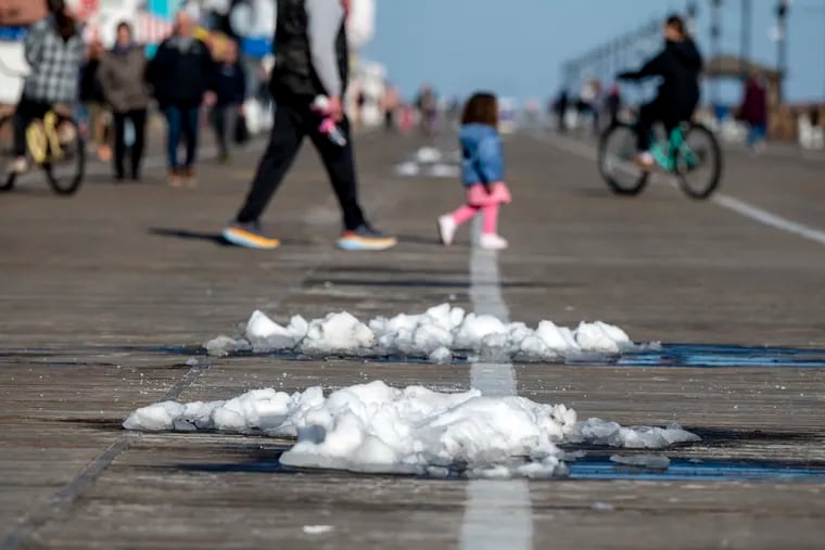 The remnants of snow at the Jersey Shore last week. Snow, we hardly knew ye the last few winters.