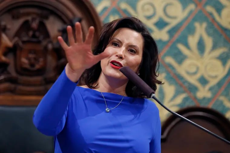 FILE - Ion this Feb. 12, 2019 file photo, Michigan Gov. Gretchen Whitmer delivers her State of the State address to a joint session of the House and Senate at the state Capitol in Lansing, Mich. Whitmer wants to spend billions more to fix the roads and boost a lagging education system. But as the Democrat prepares to deliver her first budget proposal to the Republican-led Legislature, she faces fiscal and political pressures that are complicating her task. She notes the general fund has not grown much. The budget is Whitmer's chance to detail how she plans to "fix the damn roads" and pay for priorities like letting high school graduates attend community college for free. (AP Photo/Al Goldis, File)