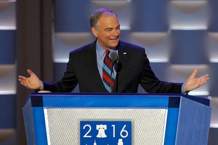 Democratic vice president nominee Tim Kaine addresses delegates during day three of the DNC at the Wells Fargo Center in South Philadelphia.