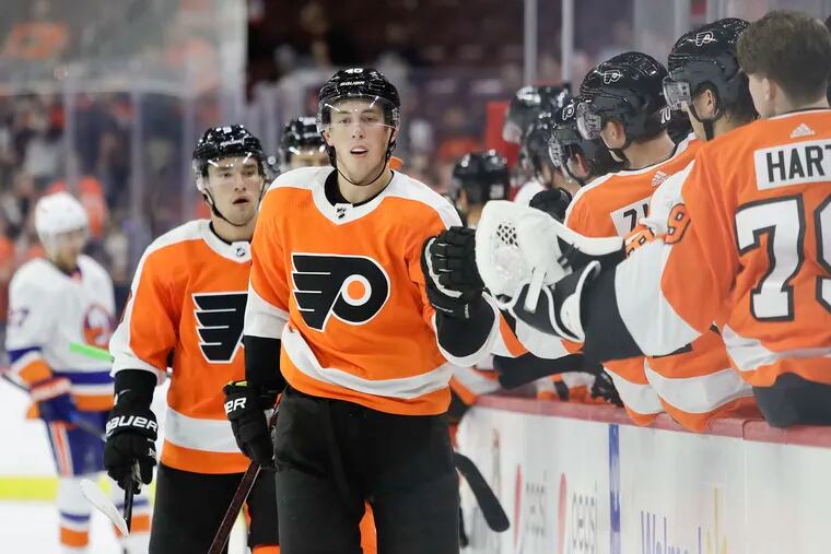 Flyers center Mikhail "Misha" Vorobyev celebrates after scoring in a preseason game against the Islanders. The Flyers recalled him Sunday from the minors.
