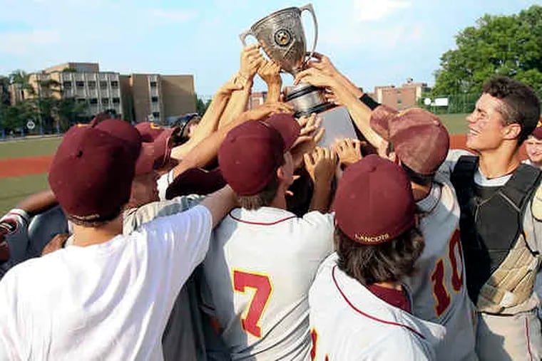 Central players hold up the trophy after beating Frankford to win the Public League baseball title for the third time in five years.