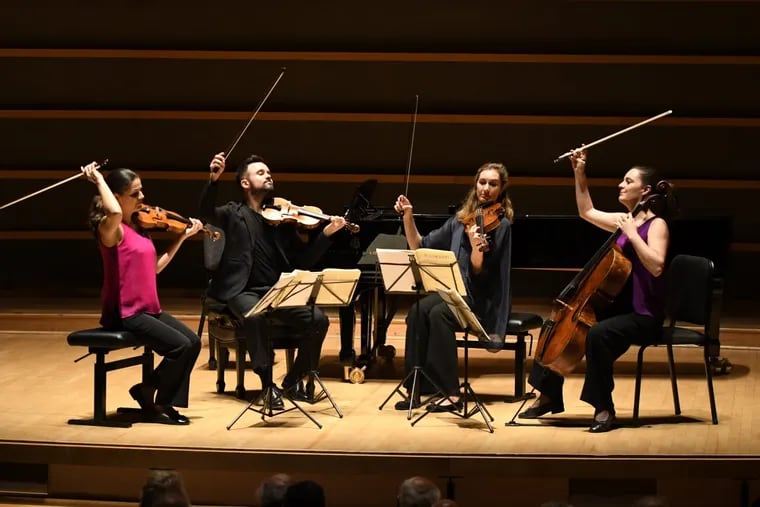 The Elias String Quartet: violinists Sara Bitlloch and Donald Grant, violist Simone van der Giessen, and cellist Marie Bitlloch.