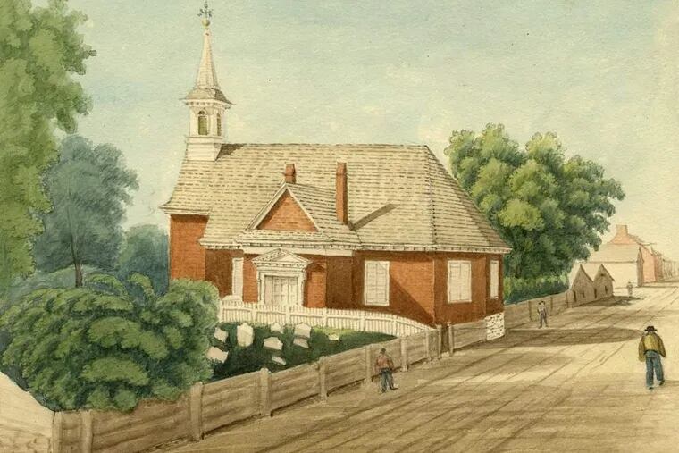 cu1history01. Southeast View of Old Swedes&#039; Church, watercolor by William L. Breton (1828). Credit: Historical Society of Pennsylvania