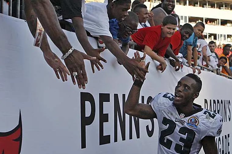 Dominique Rodgers-Cromartie greets fans at the end of the game. (Ron Cortes/Staff Photographer)