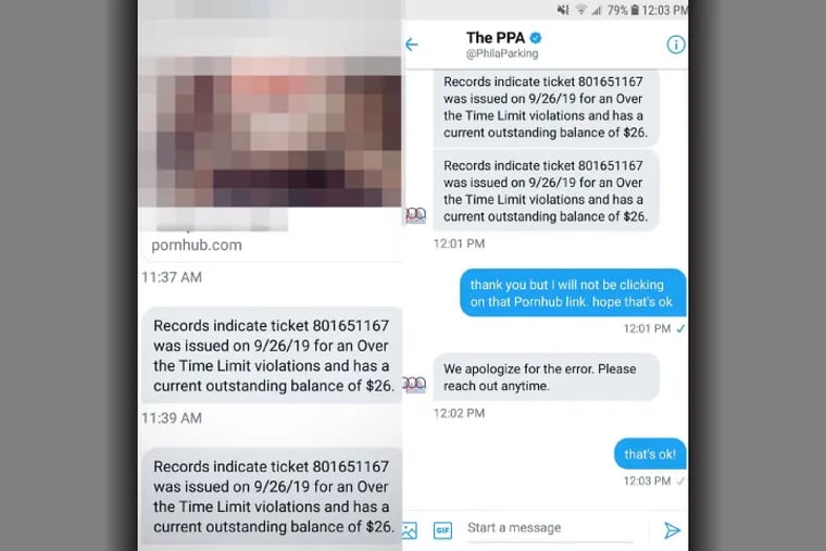 Screenshots of Twitter direct messages from the Philadelphia Parking Authority to Audrey Zee Whitesides, including a link to pornagraphic material.