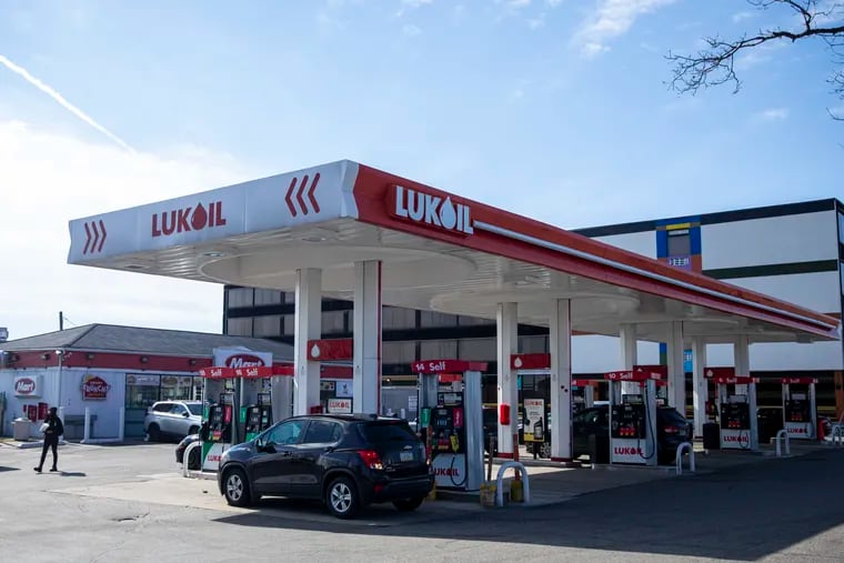 A Lukoil station along City Avenue in Philadelphia on Thursday. Some consumers are boycotting fuel sold under the Russian oil company's brand in protest of the Ukraine invasion.