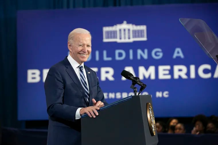 President Joe Biden speaks to guests during a visit to North Carolina Agricultural and Technical State University on April 14, 2022, in Greensboro, N.C.