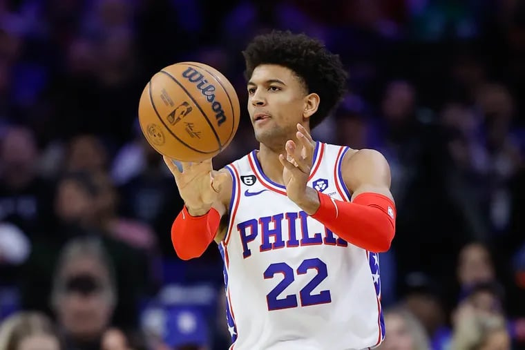 Sixers guard Matisse Thybulle fires a pass against the Denver Nuggets on Saturday.