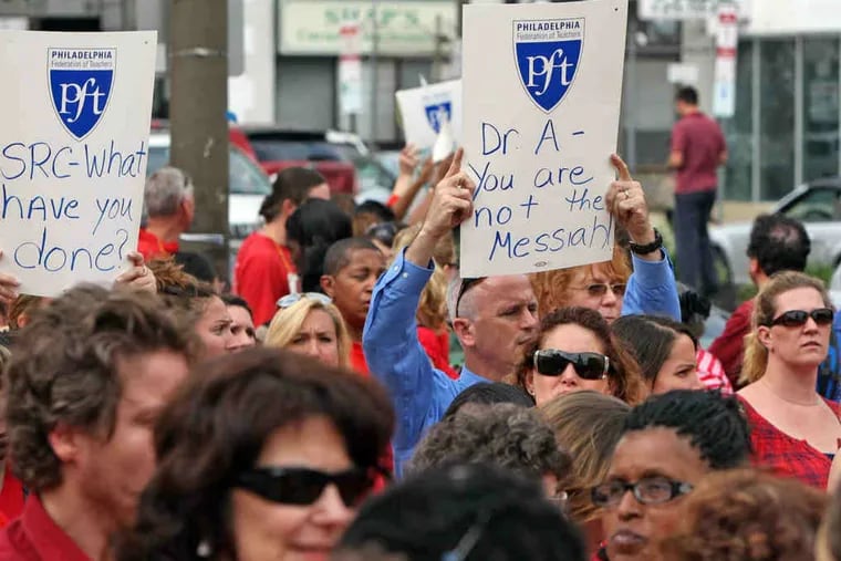Philadelphia teachers rally outside a School Reform Commission meeting in 2011.