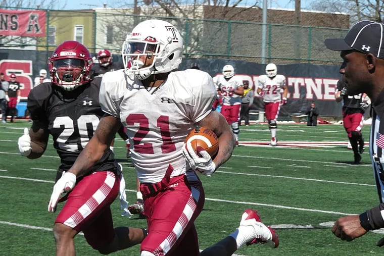 Temple's Jager Gardner on the end of a long TD reception in an earlier spring practice. He has made a strong return from injury.