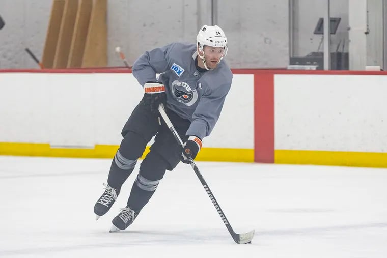 Center Sean Couturier skating during practice at the Flyers Training Center in Voorhees on Friday.