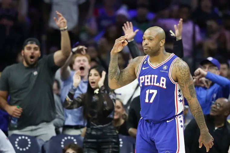 Sixers forward P.J. Tucker reacts after he hits a three-pointer in the fourth quarter of a game against the Boston Celtics at the Wells Fargo Center in Philadelphia on Tuesday, April 4, 2023.