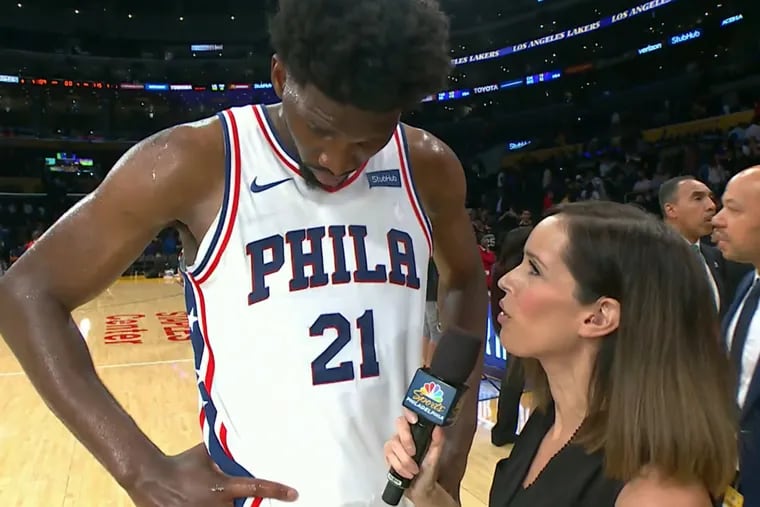 Molly Sullivan, seen here interviewing Joel Embiid, will no longer be the Sixers sideline reporter for NBC Sports Philadelphia, a position she's held since 2012.