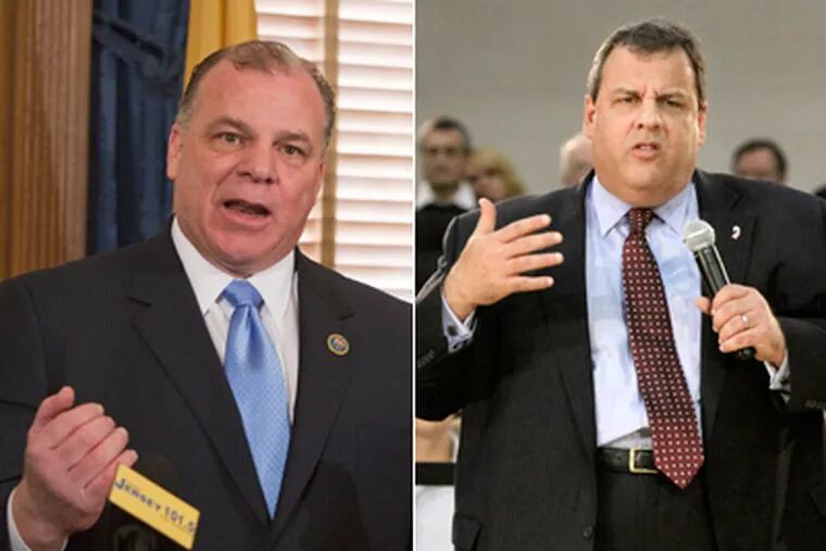 Supporters of consolidation and shared services include Senate President Stephen Sweeney (left) and Gov. Christie (right). (Staff File Photos)