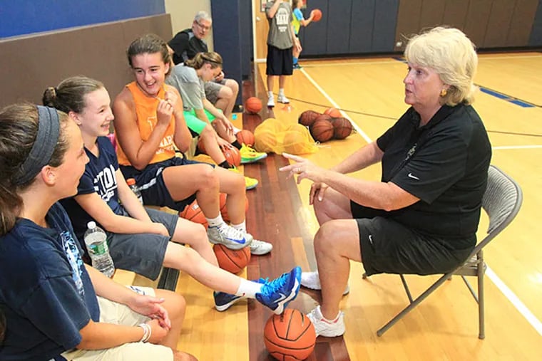 Theresa Grentz talks to a group of girls at Grentz Elite Coaching in West Chester. (Charles Fox/Staff Photographer)