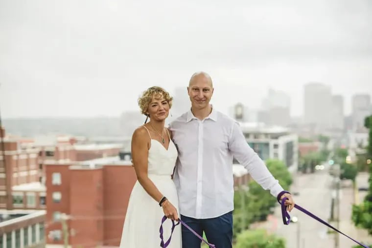 Blaine Butler and Kyle Gumlock at their wedding in Richmond in September. Since treatment, she has resumed the activities she previously enjoyed: rowing, cooking and walking her dogs.