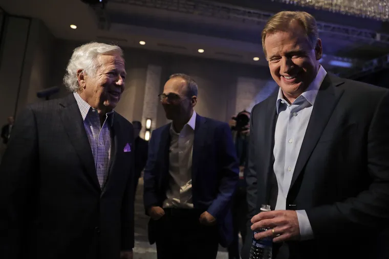 Robert Kraft shares a laugh with NFL commissioner Roger Goodell prior to Patriots meeting Eagles in the February, 2018 Super Bowl. Neither guy was probably laughing much on Friday.