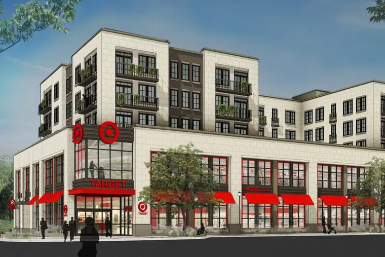 Artist's rendering of apartment building with Target store planned at the corner of Lancaster Avenue and Ardmore Avenue in Ardmore.