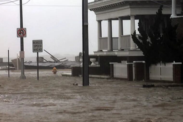 The view in ocean-flooded Atlantic City at the north end of Boardwalk on Monday, Oct. 29, 2012. (Amy Rosenberg / Staff)