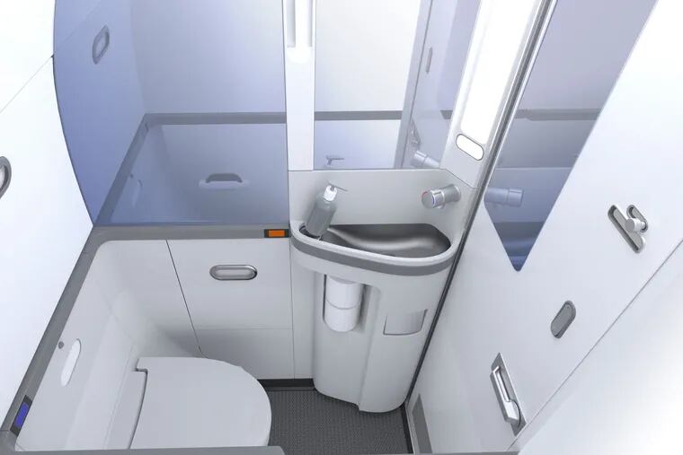 A new airplane lavatory built by Rockwell Collins, which makes bathrooms for some Boeing jets, the elongated and narrow sink allows for additional seating. The bathroom is about two feet wide.