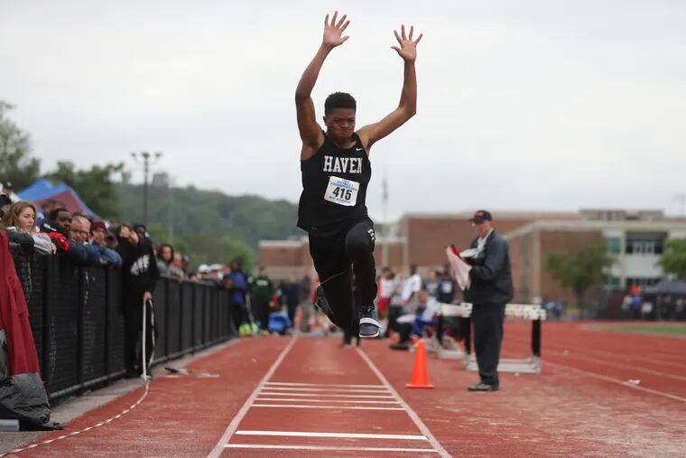 Strath Haven’s Dayo Abeeb in the PIAA District 1 Class 3A triple jump on Friday.