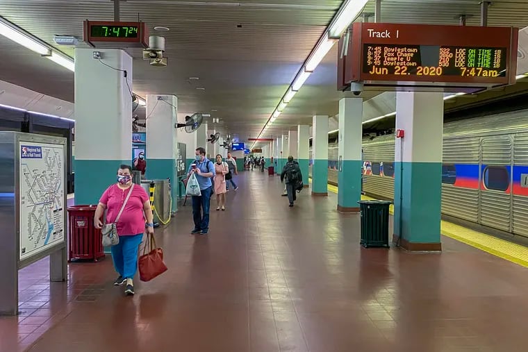 Morning commuters at Suburban Station in Center City Philadelphia. SEPTA Regional Rail arrive from the suburbs and stations within city limits at Suburban Station on Monday morning June 22, 2020.