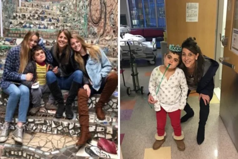 Leta Moseley, at left with younger sisters Ava and Lucy and mother Lainey in November 2018; at right with Lainey at Children's Hospital of Philadelphia in 2016.