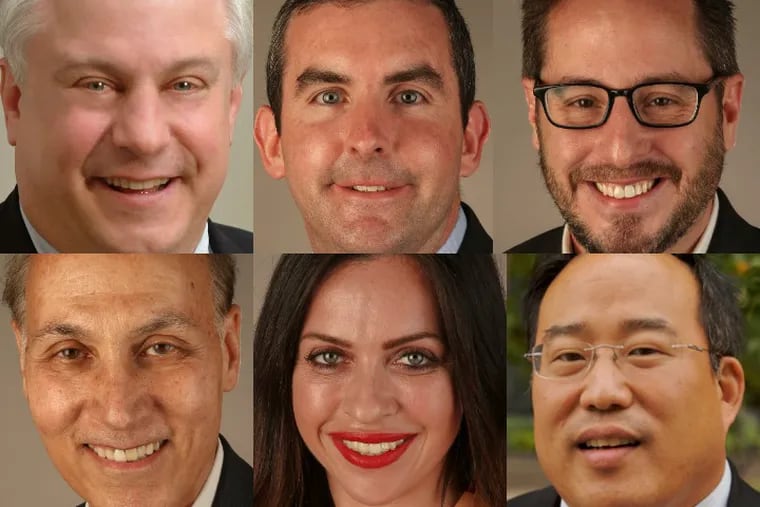 Republican candidates for Council at-large, clockwise from top left: incumbent Al Taubenberger, Dan Tinney, Drew Murray, Matt Wolfe, Irina Goldstein and incumbent David Oh. (Not pictured: Bill Heeney, Sr.)