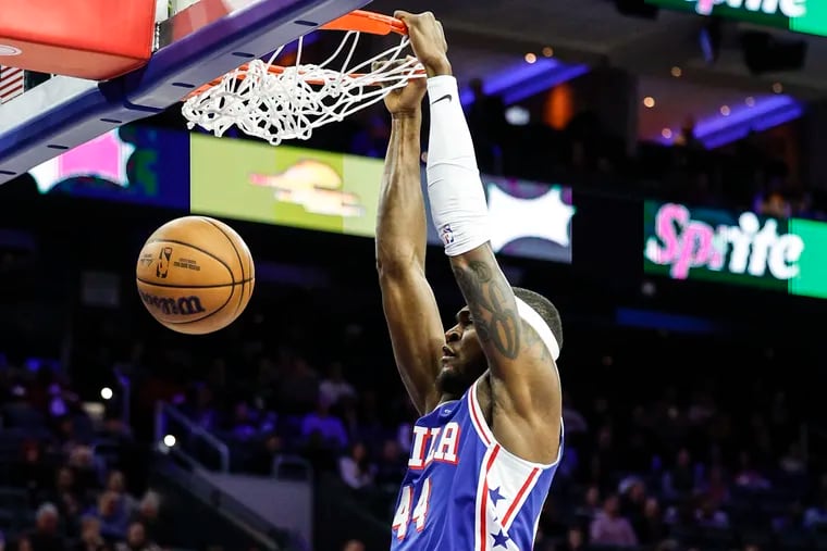 Paul Reed, shown in action against the Heat, is embracing his role coming off the bench for the Sixers during Joel Embiid's absence.